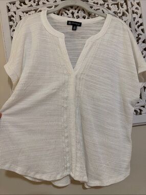Cable & Gauge Cream Short-Sleeve V-Neck Textured Knit Top